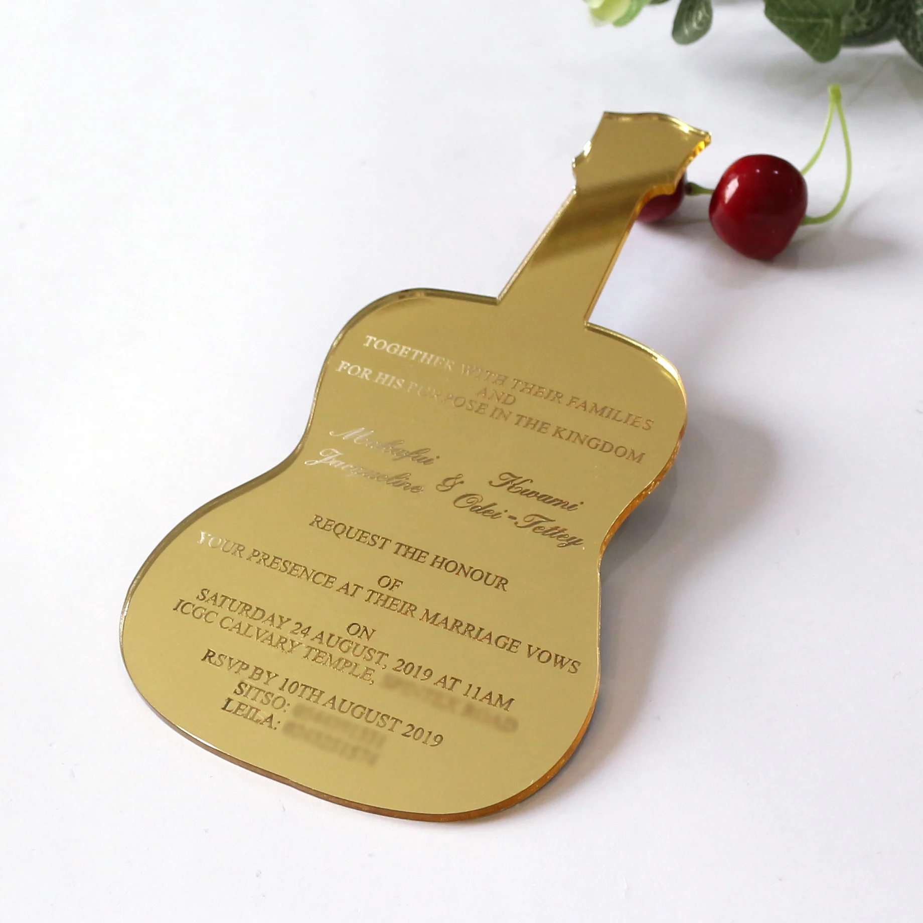 Music-Themed Guitar Shape Gold Mirror Acrylic Wedding Invitation with Black Box