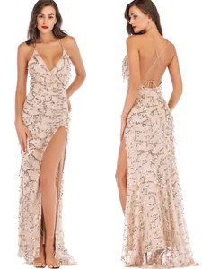 Sexy Women's V-neck Backless Slit Sequined Spaghetti Strap Dress Gold Sequin Tassel Long Dress for Summer