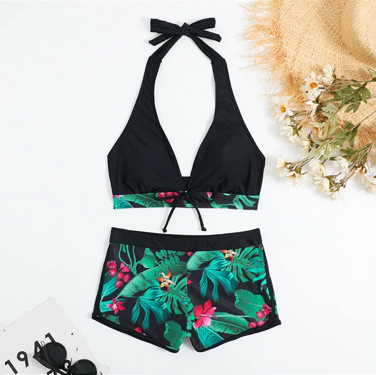 Sexy High Waist Floral Printed Halter Bra Top And Shorts Tankini Bikini