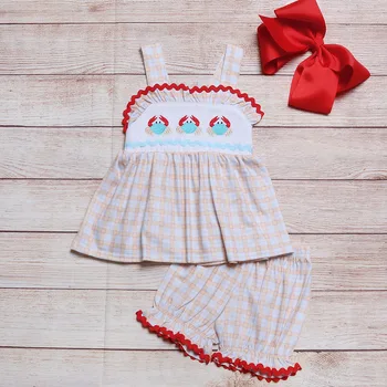 2022 Hot Sale Toddler Little Girls Kid Boutique Clothing Sets Sling-style Cute Crab Embroidery Ruffle Outfits