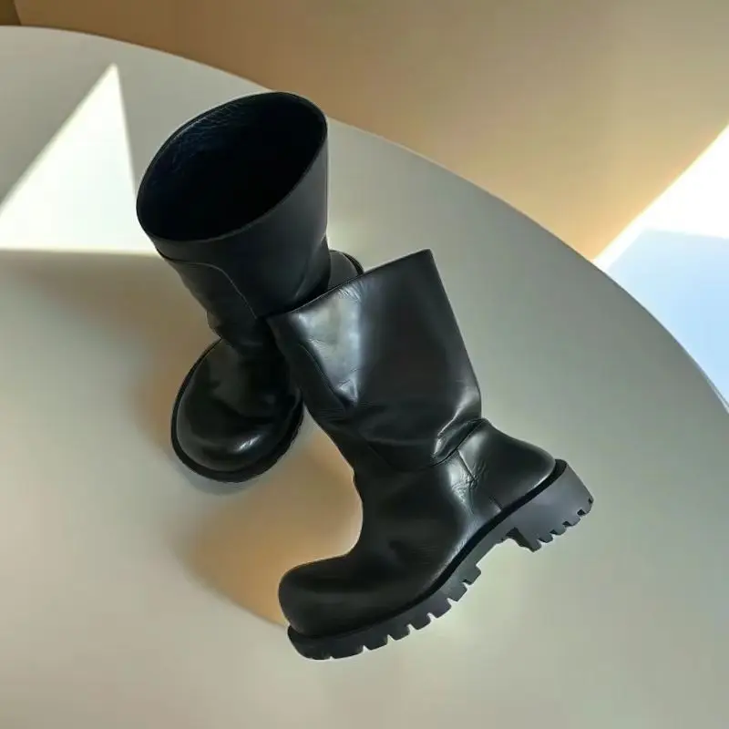 Fashion Men Low Heels Black Leather Autumn Winter Boots Big Toe Ankle Mid-calf Western Cowboy Boots - Image 6