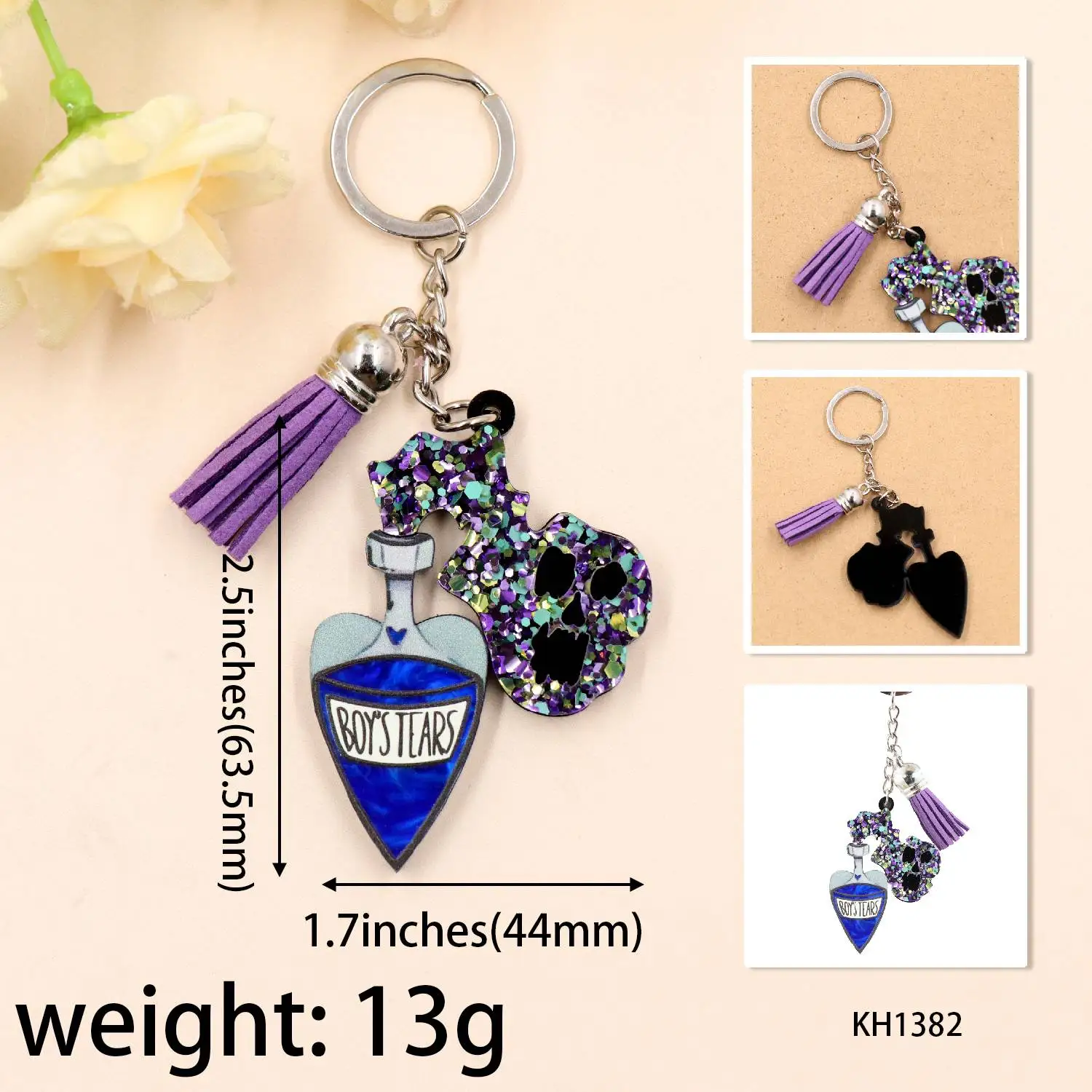 ZSHKH1382 Halloween Glitter Laser Cut Keychain Poison Keyring with Tassel Acrylic Purse Accessories for Key Gift details