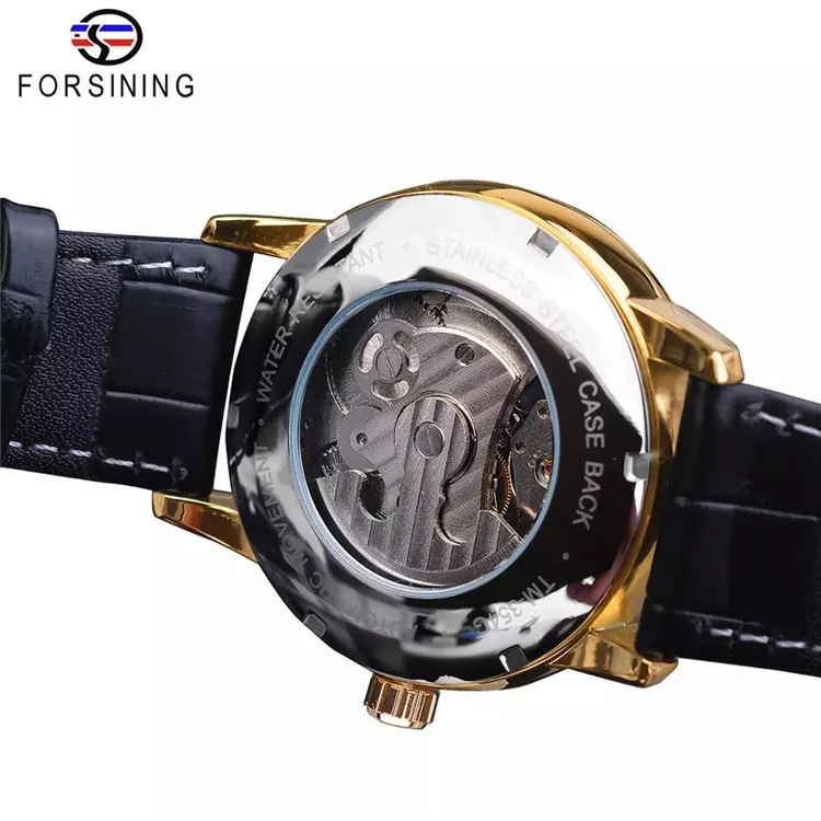 Forsining GMT1195 Dual Time Zone Mechanical Watch Black Gold Leather Band Moon Phase Tourbillon Waterproof Automatic Watch