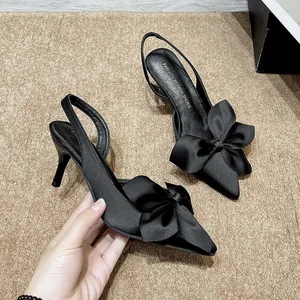 QuiteS Large Size Sandals 2023 Summer New Fashion Solid Color Bow Pointy Thin Heels High Heels for Women