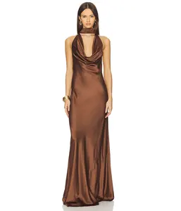 Satin Halter V Neck Sexy Bodycon Maxi Dress Elegant Ladies' Club Party Long Dress