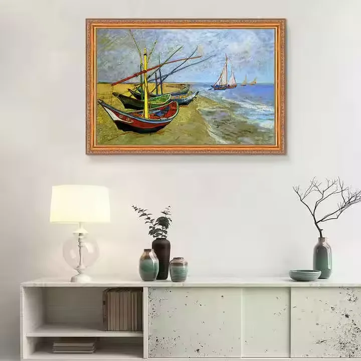 Hand-Painted Impressionist Landscape Oil Scenery Van Gogh's Famous Fishing Boats on Beach Canvas Support Base Reproductions