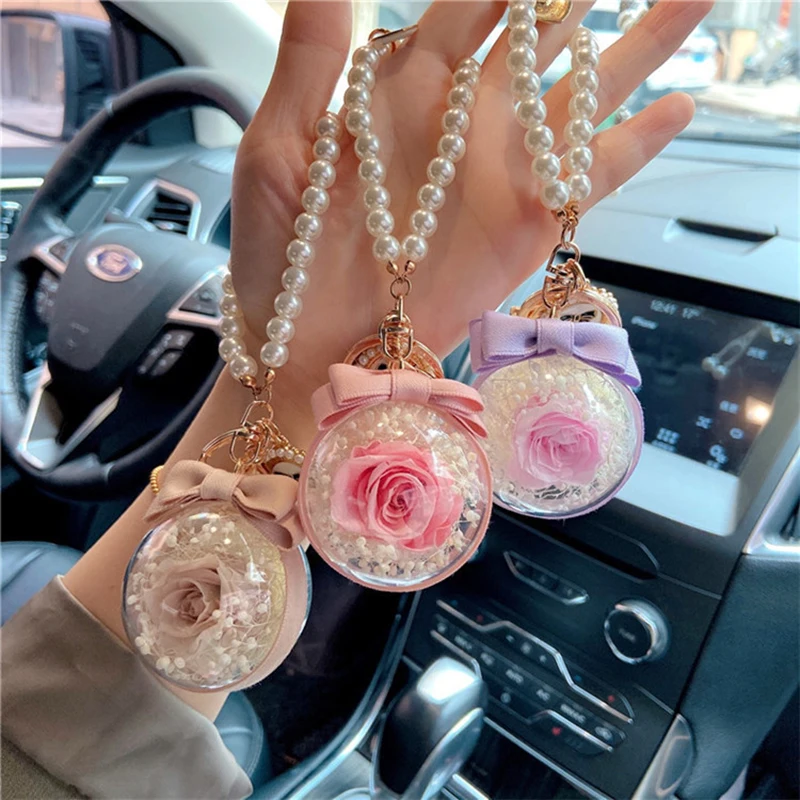 product factory wholesale preserved rose everlasting flower acrylic ball key chain for women girls car hanging valentines day gift-54