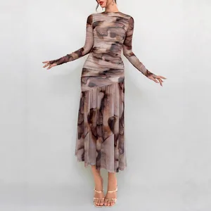 Mesh Summer Dress Long Sleeve Printed Clothing Shirring Women Midi Dress Vestidos