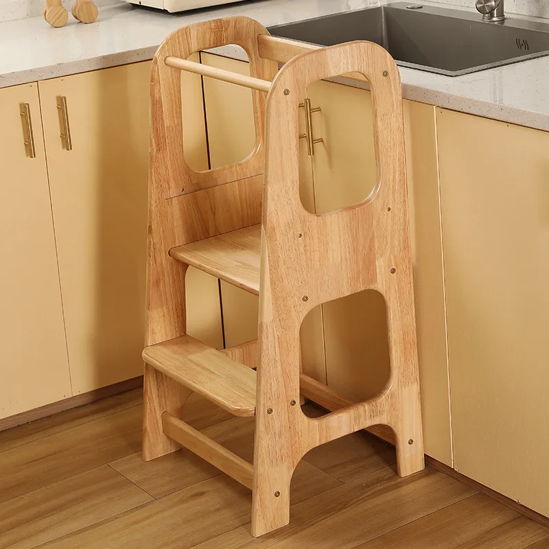 Adjustable Height Kids Kitchen Step Stool Helper Natural Wood Toddler Standing Tower for Learning New Skills supplier