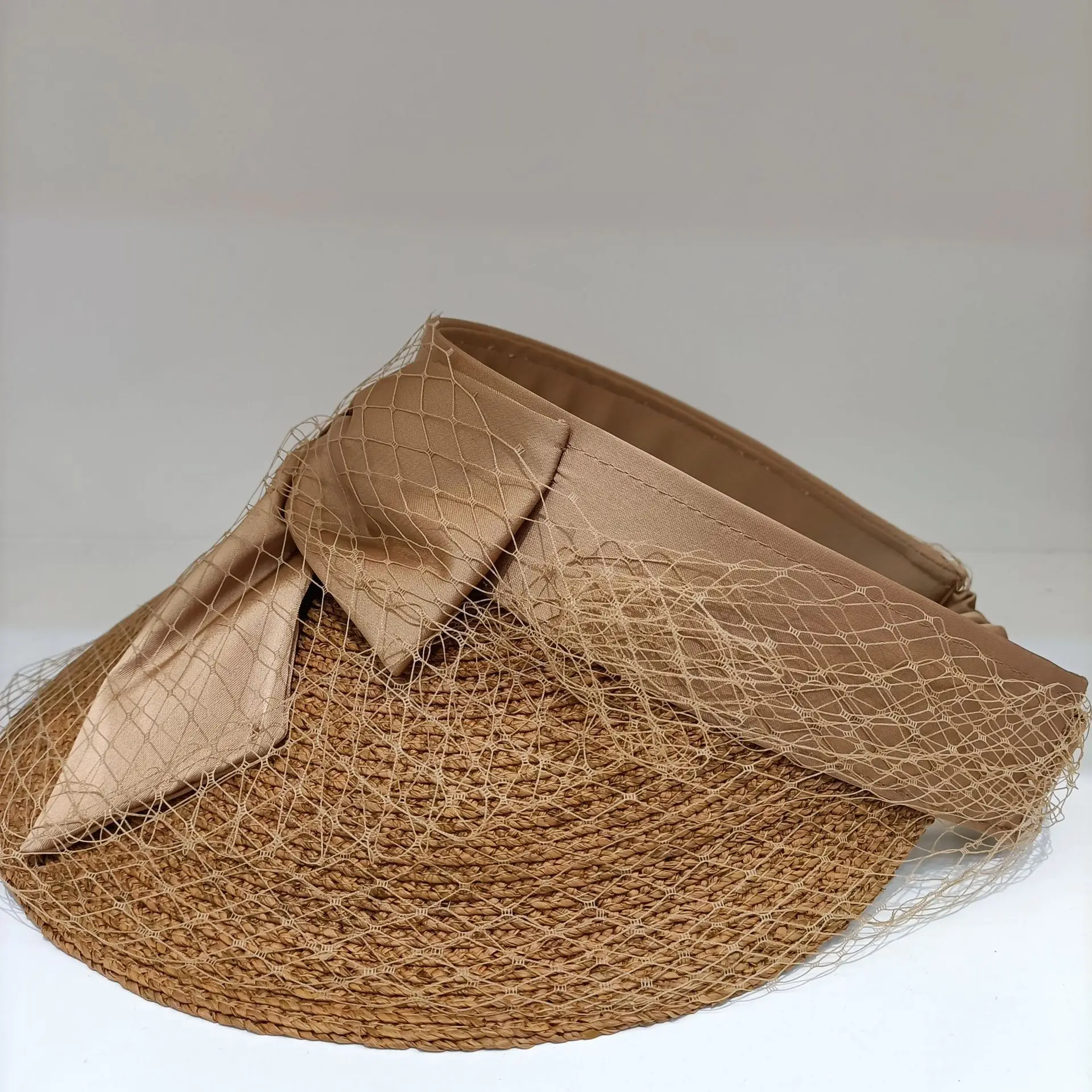 Spring Summer Fashionable Floppy Straw Hat Satin Bows Bucket Style Sun Protection for Beach Outdoor Use Empty Top Paper Material