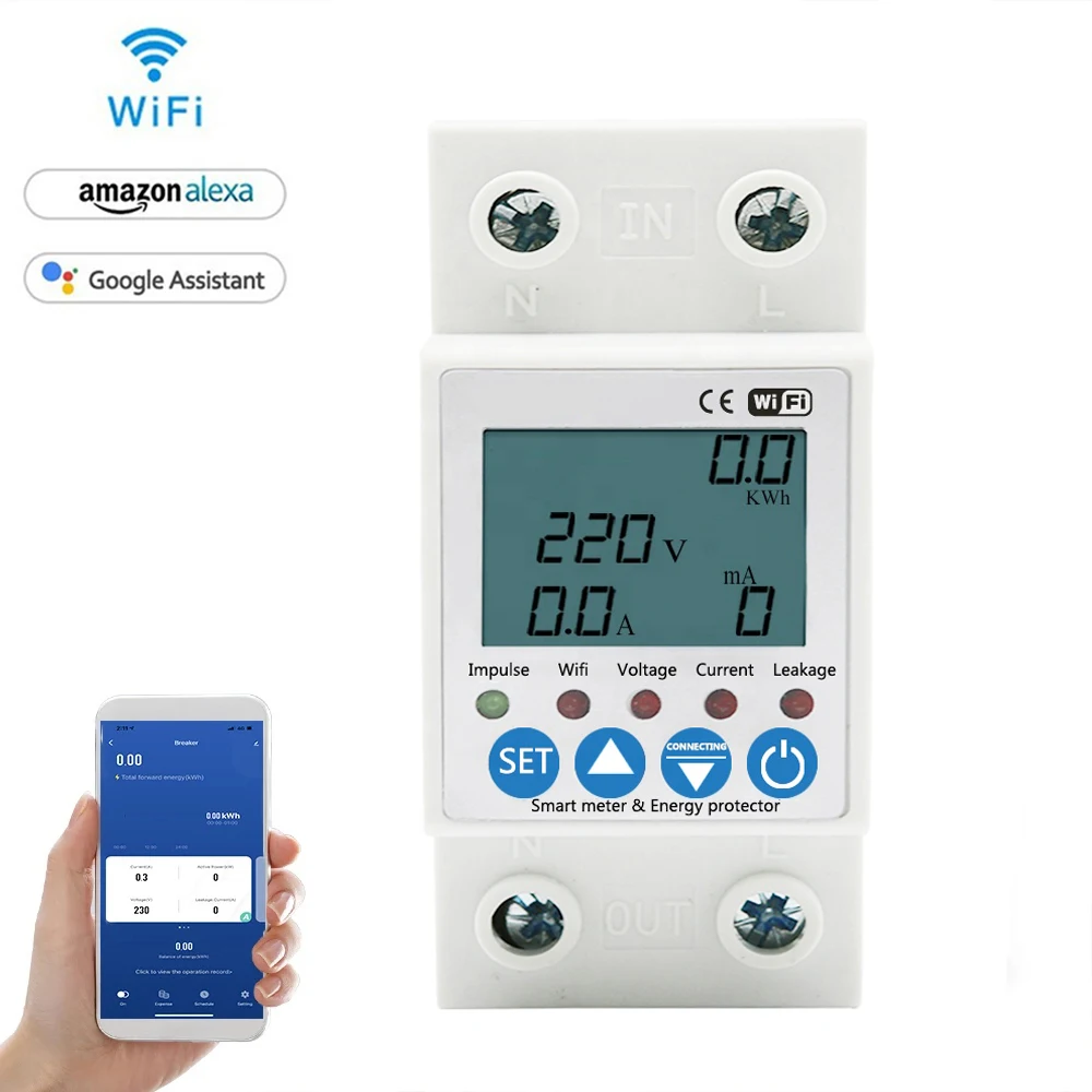 63A TUYA APP WiFi Smart Circuit Breaker Earth Leakage Over Under Adjustable Voltage Protector Relay/Energy Power KWh Meter