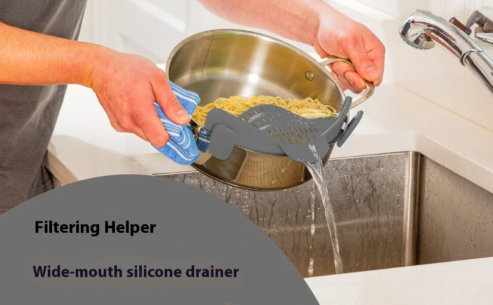 Creative New Style Kitchen Tools Waterproof Silicone Pot Edge Drainer Vegetable Noodle Water Filter Pouring Colander Strainer supplier