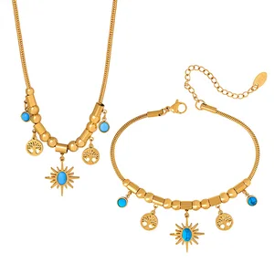 Trendy Women's Stainless Steel 18K Gold Plated Sun Turquoise Pendant Necklace with Hollow Bracelet for Gift