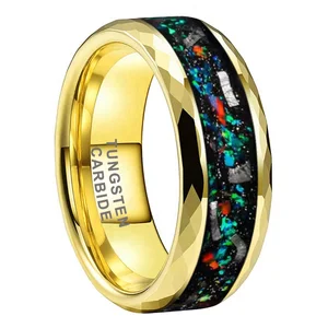 Coolstyle Jewelry 8mm Faceted Mens Fashion Engagement Wedding Band Genuine Meteorite Opal Inlay Gold Tungsten Carbide Rings
