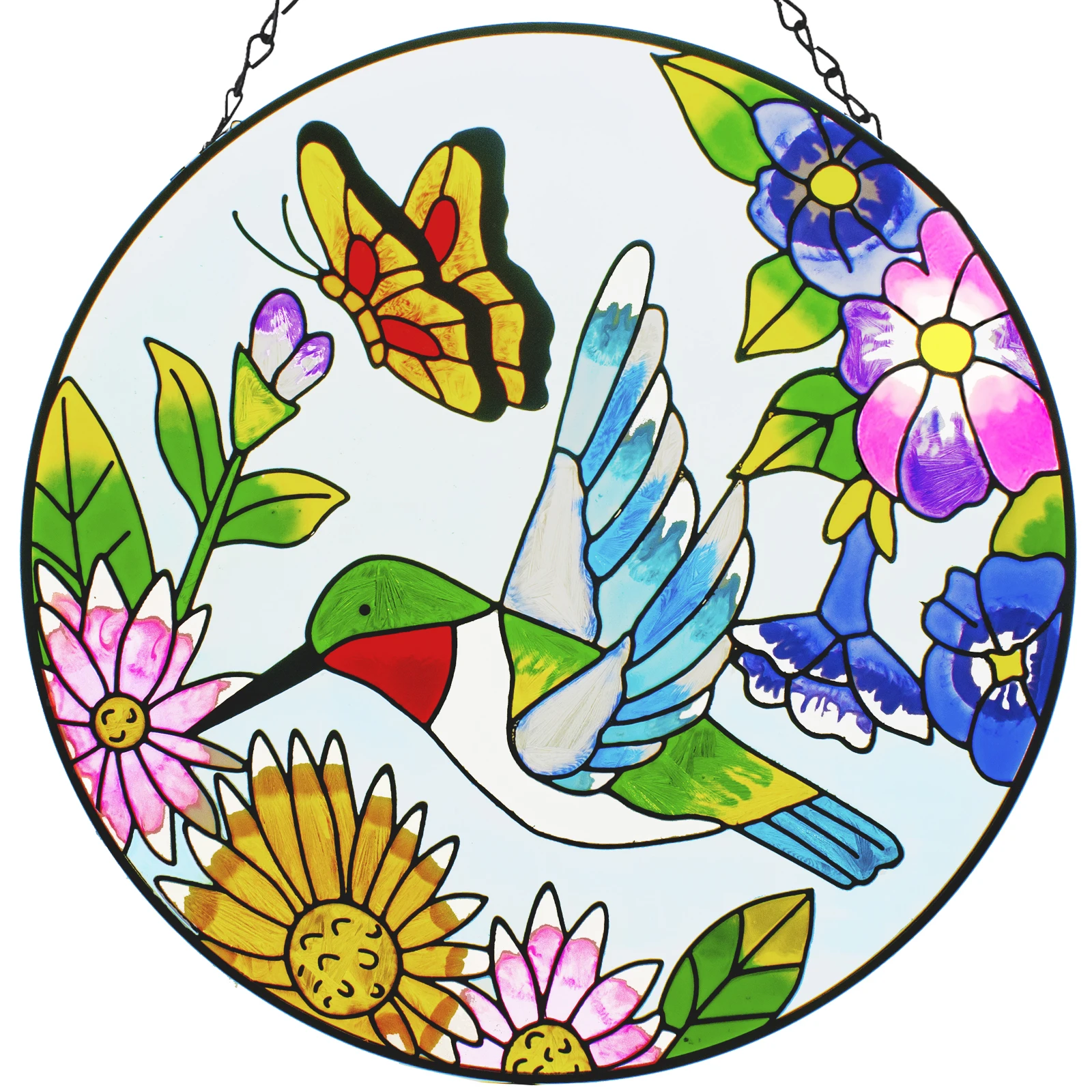 12" Indoor Hummingbird Stained Glass Window Hangings, Suncatcher Panel Home with Chains