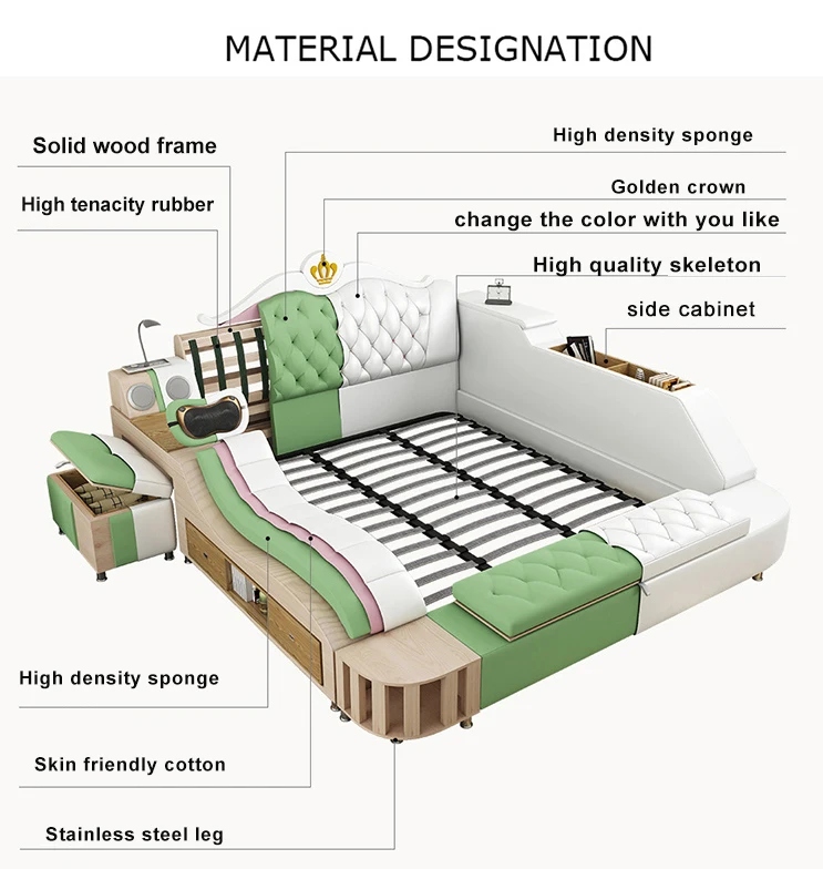 Luxury Leather Smart Bed Multifunctional Bed Tatami King Queen Platform Upholstered Fabric Soft 