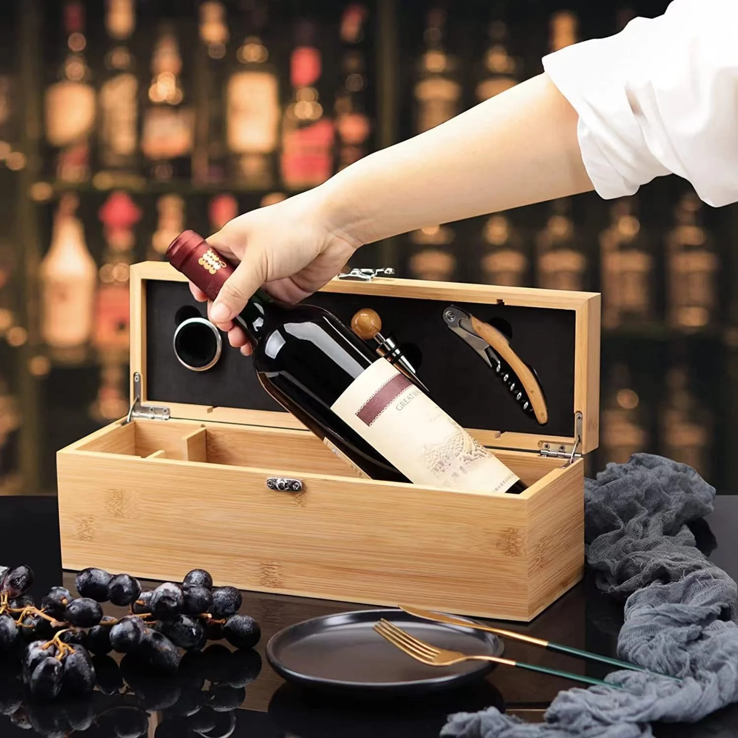 Bamboo Wooden Customization Pattern LOGO Bamboo Wood Wine Case with Tools Set Wine Storage Box Gift for Wine Lover