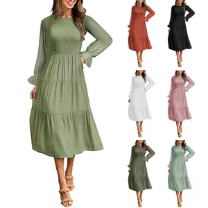 2025 Women's Fashion Pleated Dress Long-Sleeved Layered Short Sleeves Large Swing Sustainable O-Neck Plain Dyed Summer Style