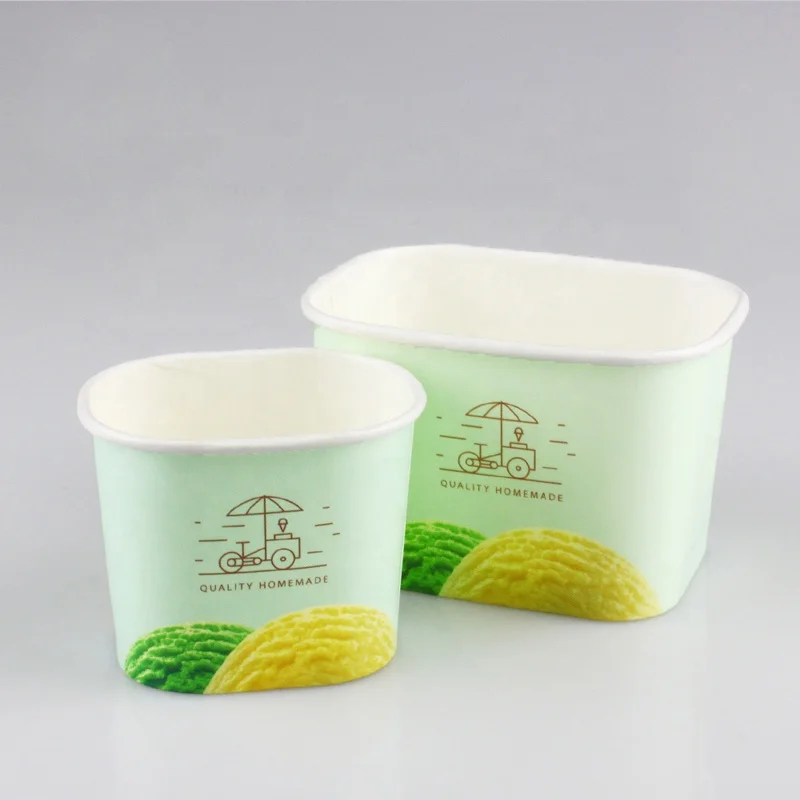 Disposable 160ml 360ml Double PE Ice Cream Square Paper Cup With Plastic Lid and Plastic Spoon
