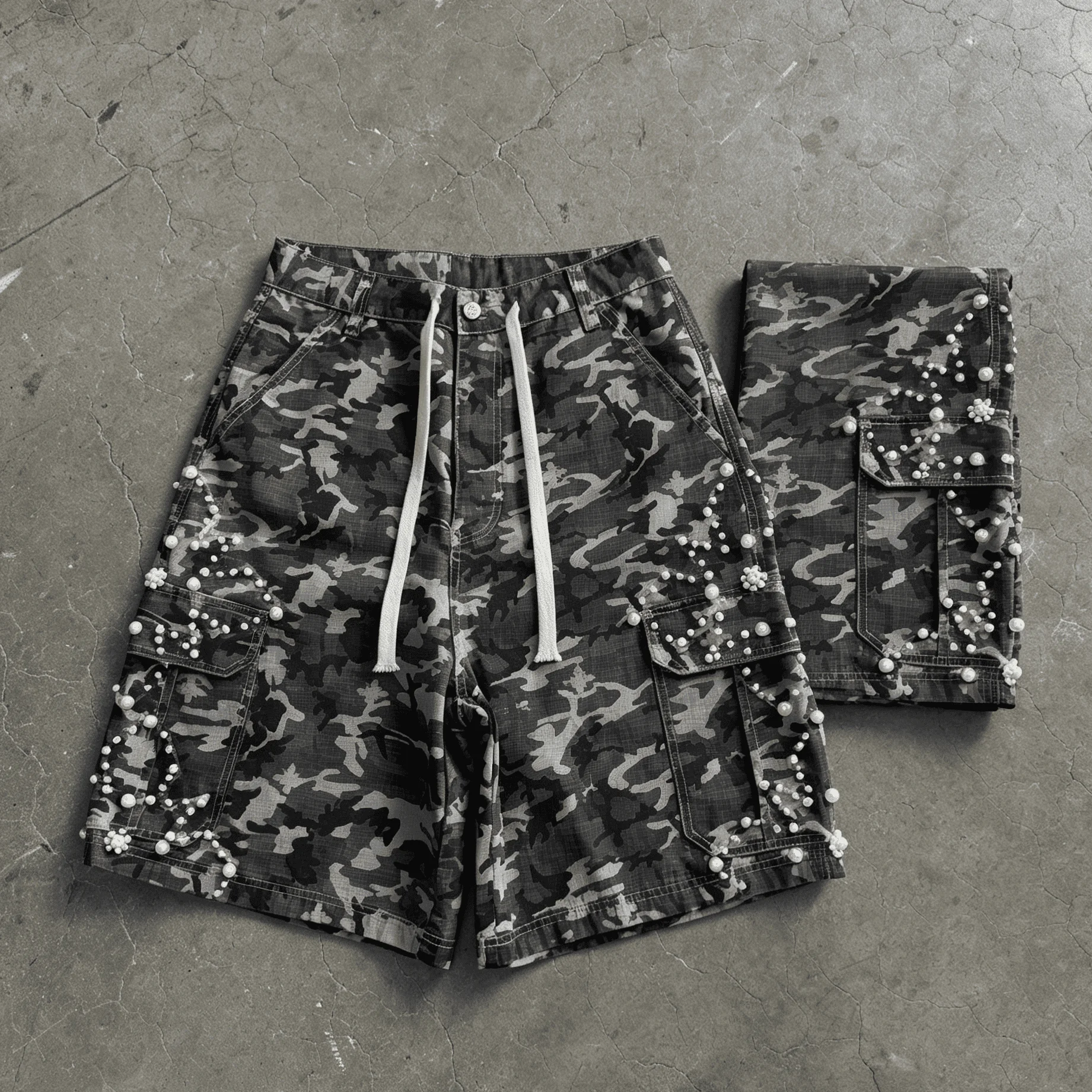 Custom Y2K Streetwear Pearl Embellished Dark Camouflage Drawstring Oversize Multi Pocket Loose Fit Summer Men Cargo Capri Shorts gallery 8
