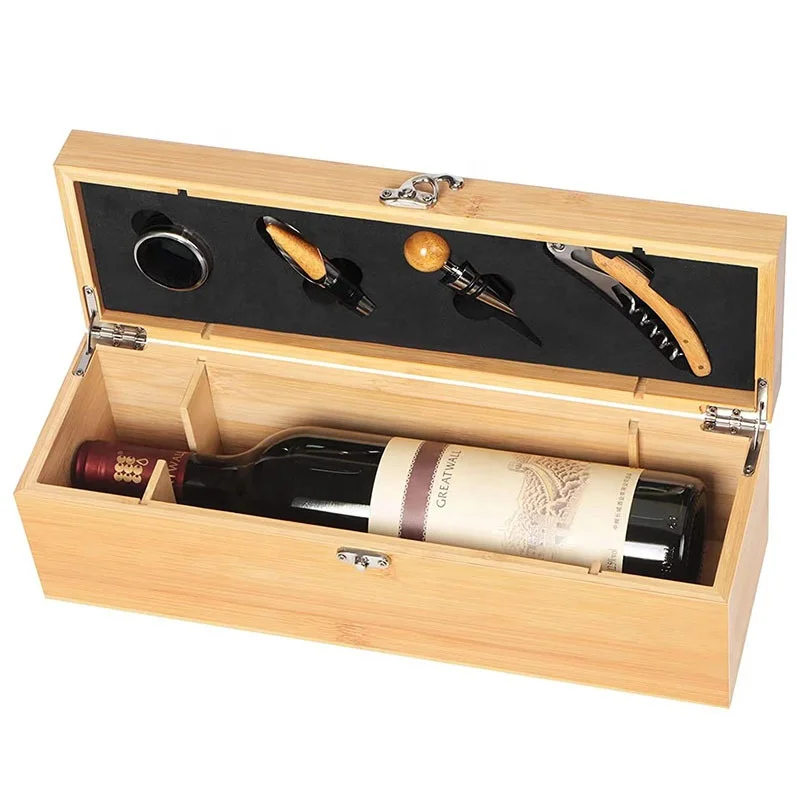 Bamboo Wooden Customization Pattern LOGO Bamboo Wood Wine Case with Tools Set Wine Storage Box Gift for Wine Lover
