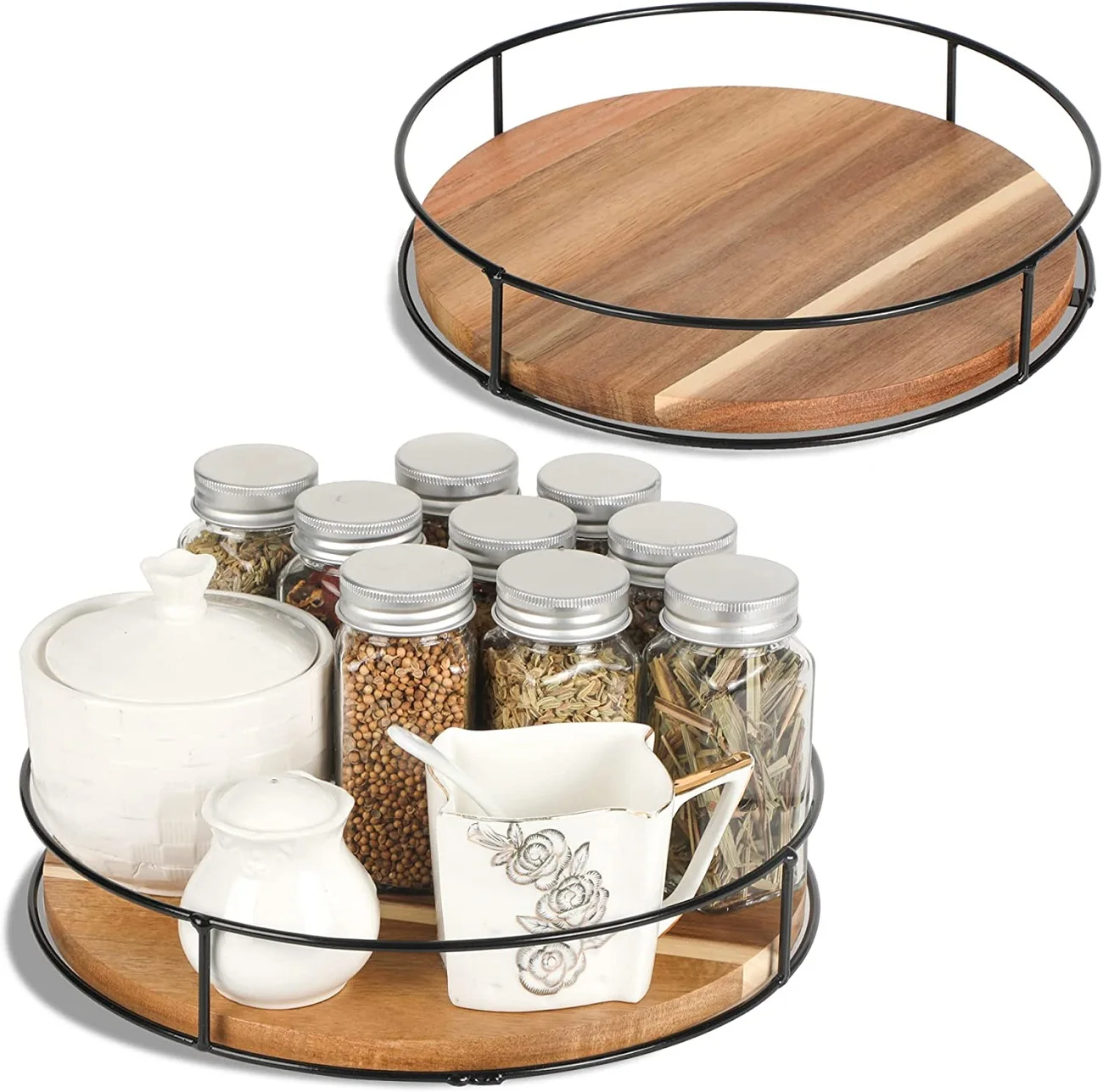 Wood Spice Rack Lazy Susan Kitchen Turntable Storage Food Bin