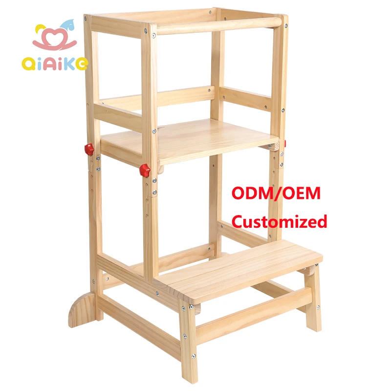 Qiaike Nakakabit na Taas na Step Stool sa Kusina Para sa mga Bata Ligtas na Learning Tower na Kahoy Montessori Kitchen Helper Toddler Tower