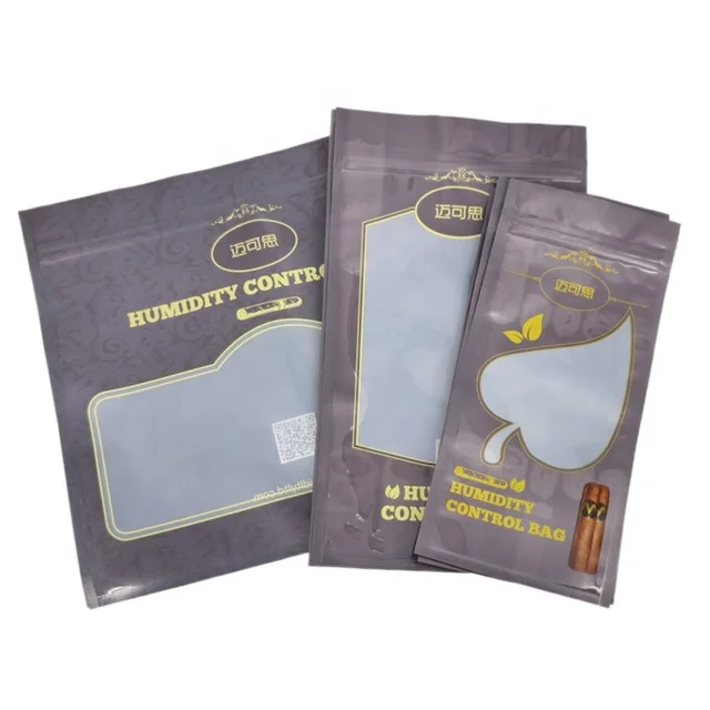 Custom RH 62% 69% humidity control zip lock mylar plastic tobacco cigars humidifier humidor storage window bag pouch