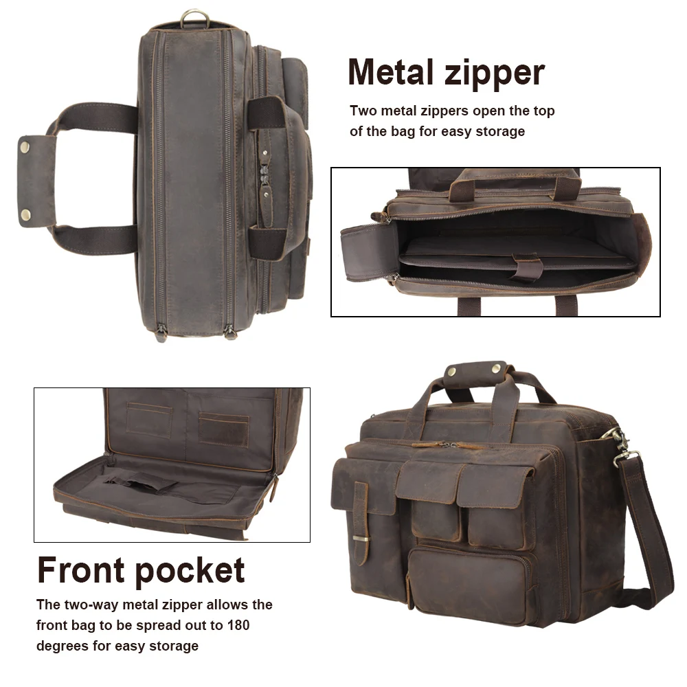 High Quality Vintage Design Large Genuine Leather Laptop Messenger Briefcase Bag for Men Crazy Horse Cowhide Leather Briefcase