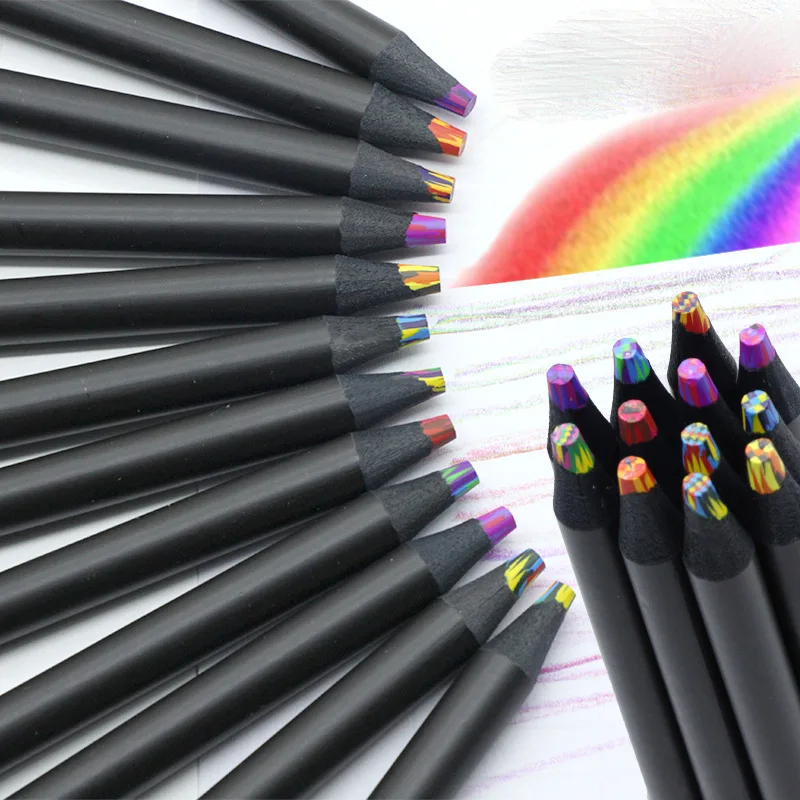 Crayon de couleur en bois non soluble à mine multicolore, format 12, pour écoliers et étudiants._voghion.com