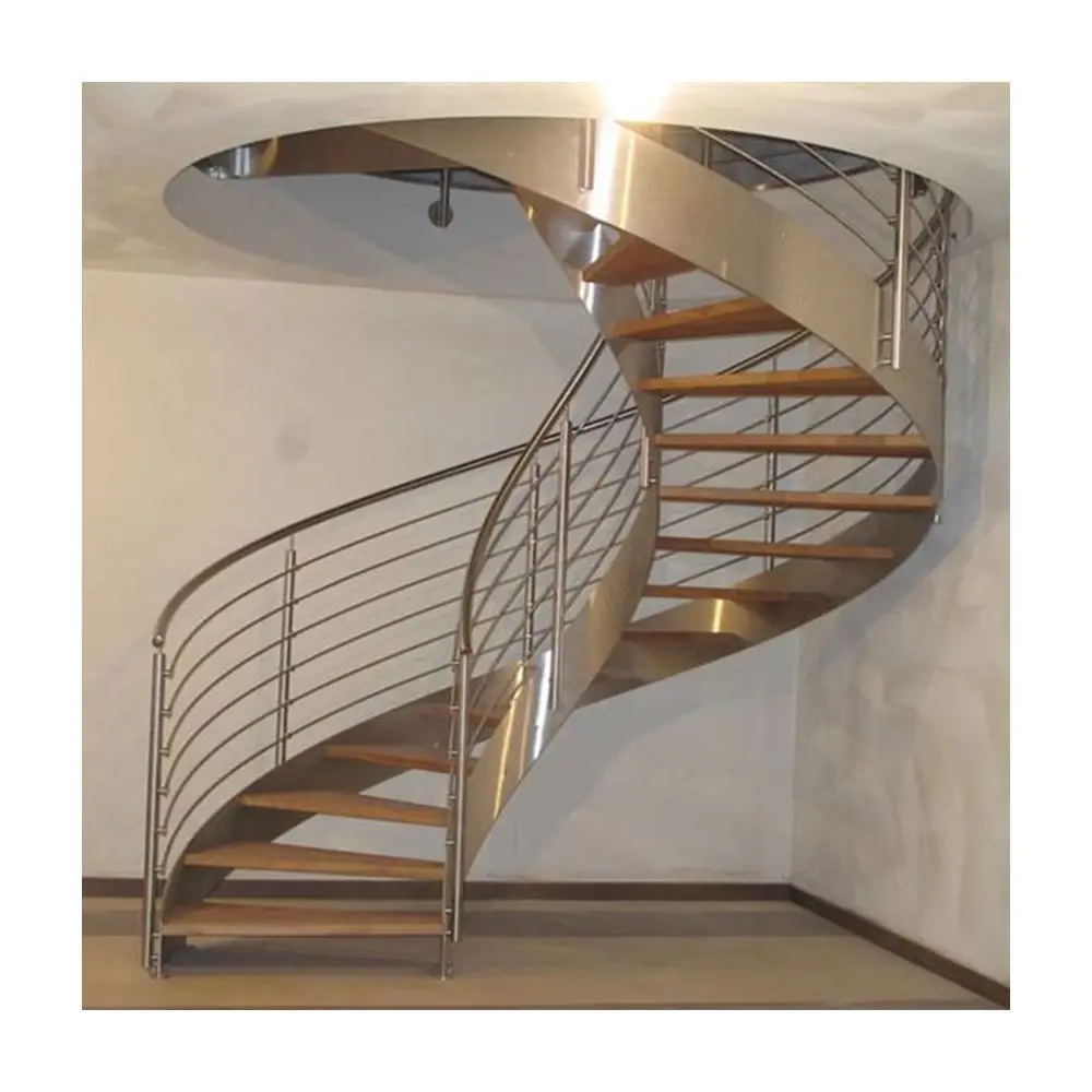 Powder Coating White Stringer Wrought Iron Railing Wood Tread Riser Simple Design Curved Staircase