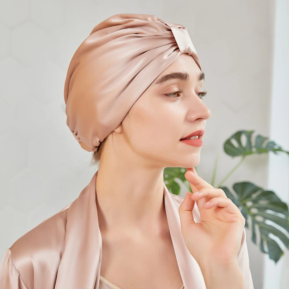 Custom logo Double Sided Layer Silk Head Wrap Sleep Hair Bonnet Cap Heavy Silk Turban 22mm Sample Silk Lined Bonnets