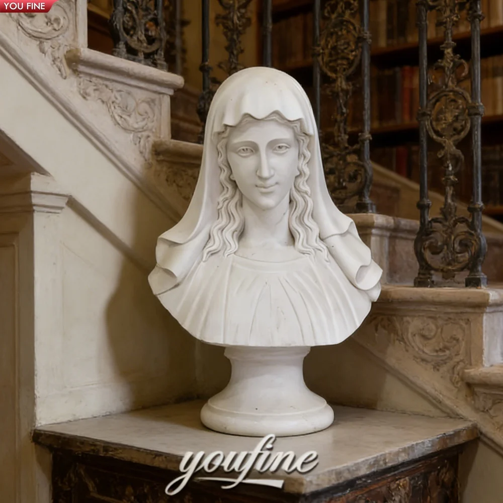 女性　胸像　大理石 YOUFINE ホワイトマーブル ベールをかぶった女性胸像彫刻 クラシック