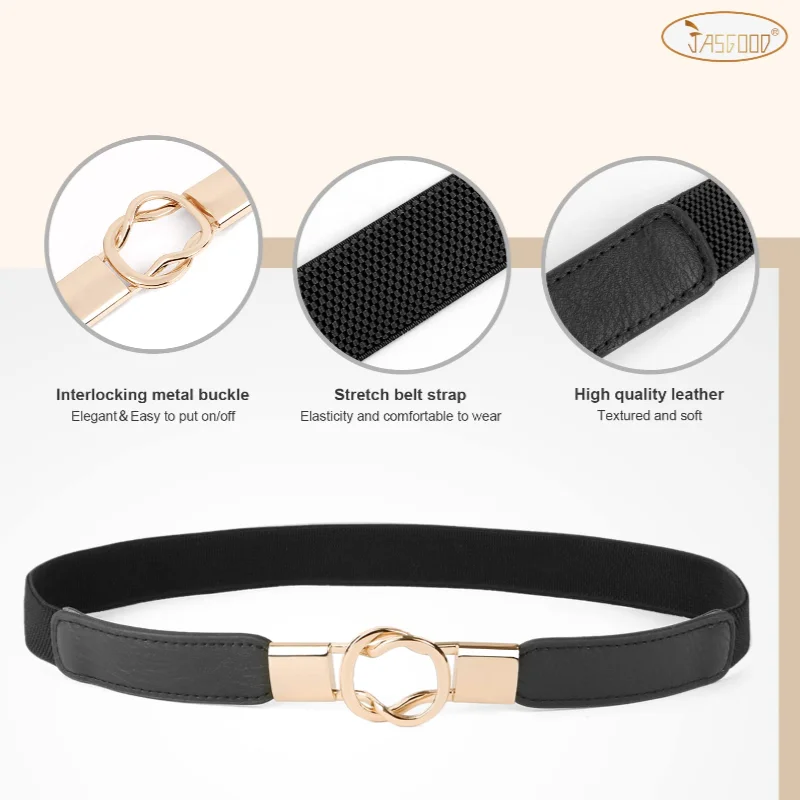 Skinny Elastic Metal Stretch Belt Adjustable Waist Sizes 25.5-33 Inches LEACOOLKEY Women Metal Skinny Belt for Dress Gold Elastic  main image 4