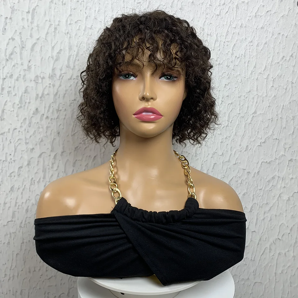Curly Machine Made Short Bob Human Hair Wig 8 Inches Natural Color Bob With Bang Machine Made Human Hair Wigs for Black Women