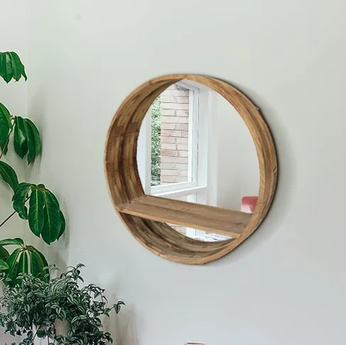 Mdf Frame Round Home Decorative Wall Mirror with Shelf Design Rustic Wood Home Decor Wall Mirror