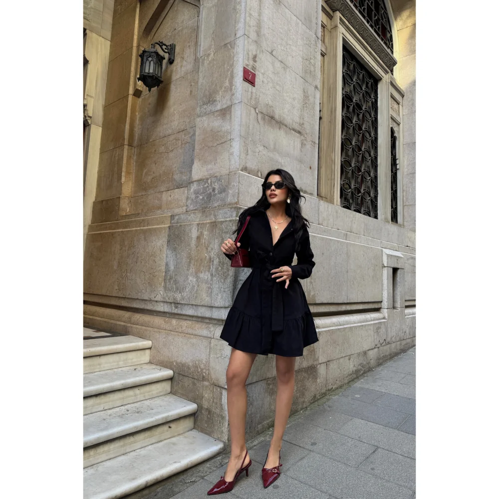 casual black short dress for women Black Gabardine Button-Front Short Dress with Ruffled Hem Square Collar  Trendy Casual Style for Women to Party Club ODM Oem| Alibaba.com