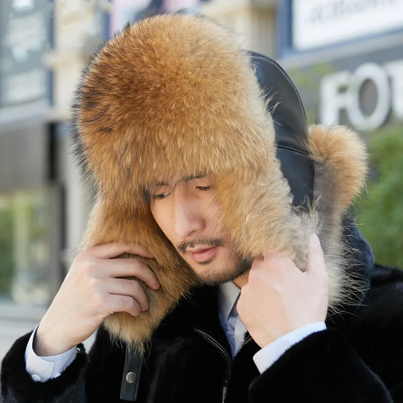 Real Fox Fur Trapper Hat, Ushanka Style w/ Sheepskin Leather Shell Warm Mens Real Fox Fur Sheepskin Leather Trapper Hat Ushanka  main image 4