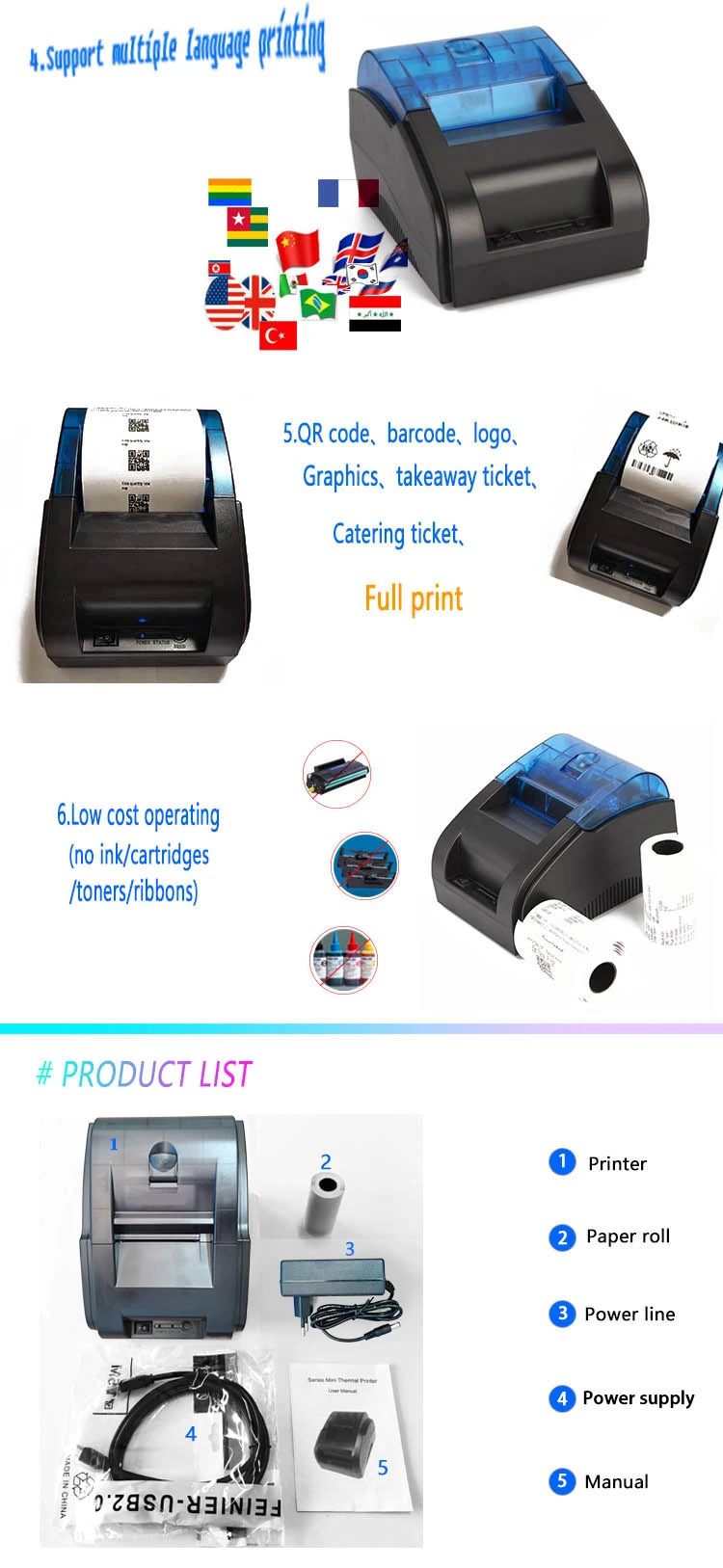 58mm Desktop Receipt Thermal Printers Hand Blue Tooth Wireless Mini ...