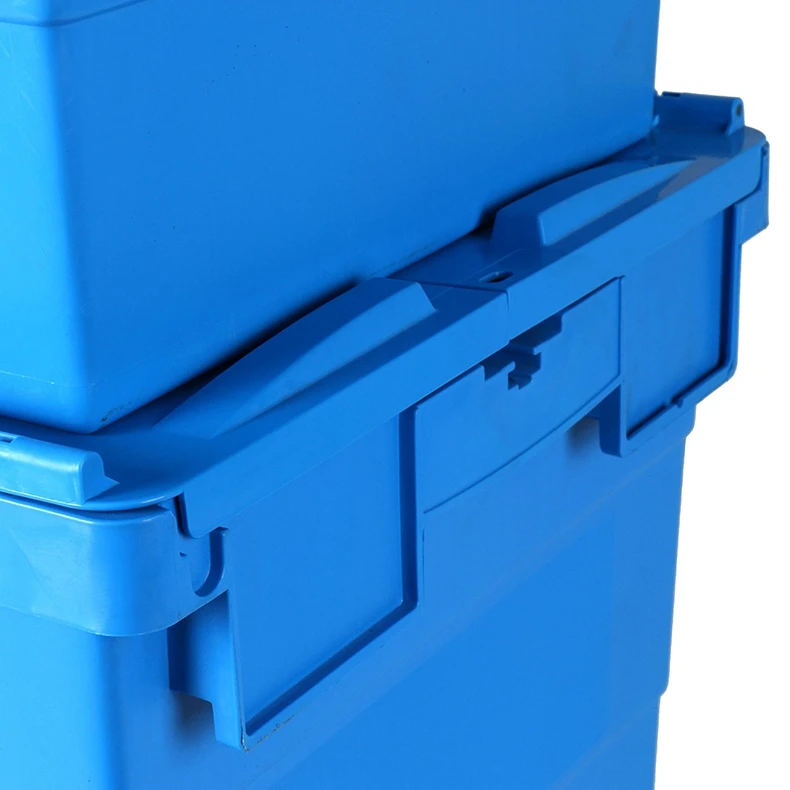 Standard Blue Attached Lid Container Plastic Storage Transport Tote Box Custom Logo Color Nestable Stackable Plastic Moving Crat factory