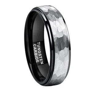 Coolstyle Jewelry Wholesale 6mm Stepped Edges Black Hammered Tungsten Ring for Men Women Fashion Engagement Wedding Band
