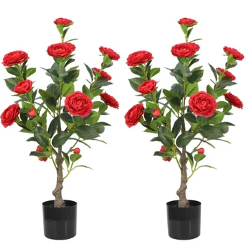 Artificial Camellia Tree Floral Plant with Red Blossom in Black Pot Maintenance Office Home Porch Decor Housewarming Gift