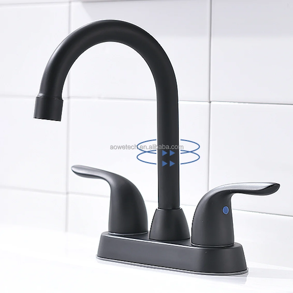 Modern Matte Black 4Inch Centerset Basin Faucet 360 Degree Swivel Spout High Arch Goose Neck Bathroom Sink Mixer Tap Dual Handle