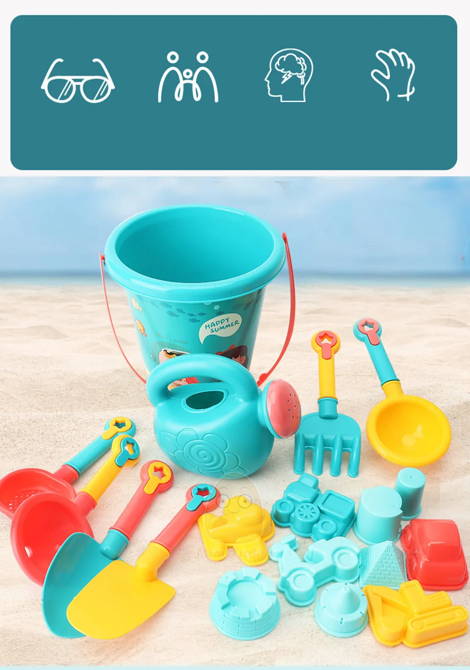 18-Piece Beach Toys Set For Kids 3-10 - Foldable Buckets, Sand Molds, Mesh Bags & UV Sunglasses | Outdoor Sandbox & Beach Play