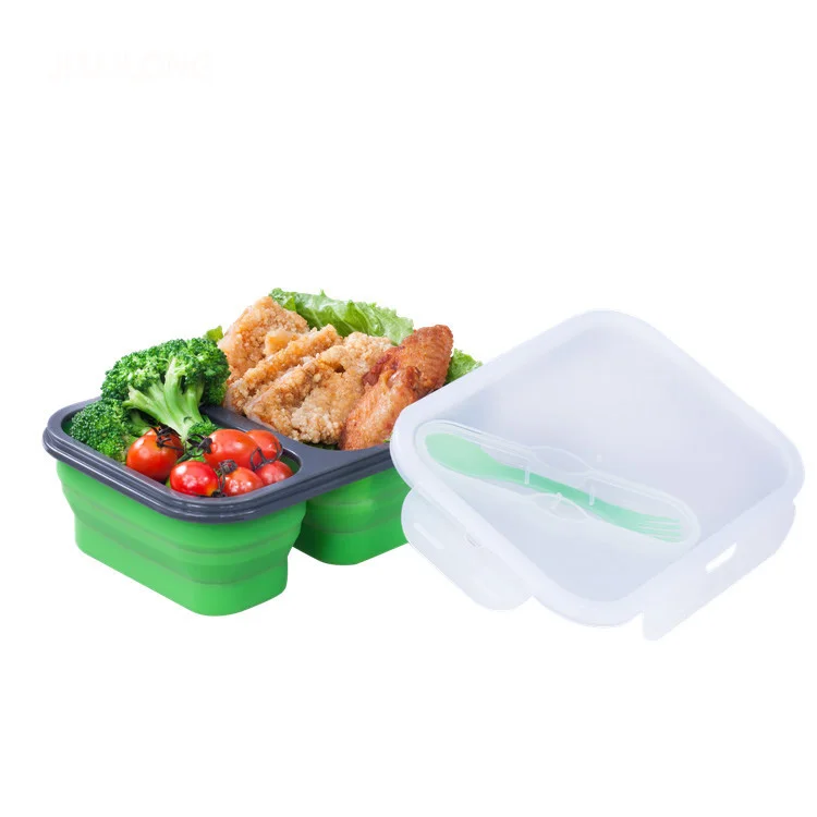 Lunch Box Pieghevole Ermetico 2 Scomparti 600ml+450ml Con Posate – Bento Box In Silicone Per Scuola E Viaggi - 3