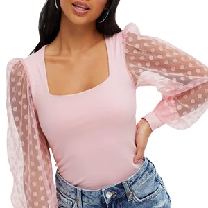 Fashion Women's Low-neck Mesh Long-sleeved Tights Crop Top Shirt