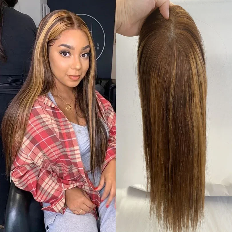 Topper per capelli umani vergini con meches piano 4 clip in capelli lisci base in seta per donne_voghion.com