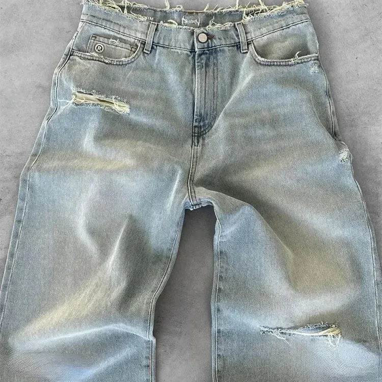 Custom Logo Embroidered  Straight Distressed Jeans Streetwear Ripped Baggy Jeans Y2k Vintage Raw Edge Wide Leg Denim Jeans Men