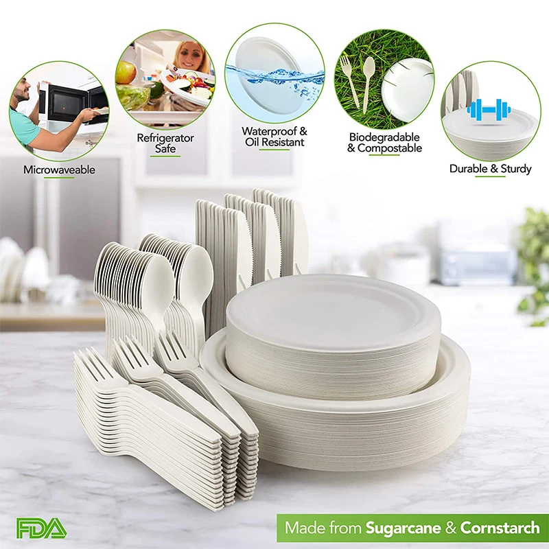 Heavy Duty Paper Plates Set for Dinner, Sugarcane Disposable Eco,9 Inch and  7 Inch Party Plates,Forks,Knives and Spoons Set for 50 People [250 PCS] 