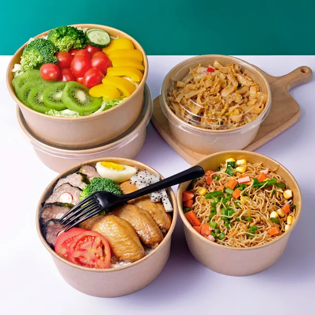 Custom LOGO Biodegradable Fast Food Packaging Cup Bowl PLA PE Coating Disposable Brown Round Kraft Paper Salad Bowl With Lid